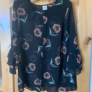 Cabi Black La Di Da Floral Ruffle Bell Sleeve Button Down Blouse